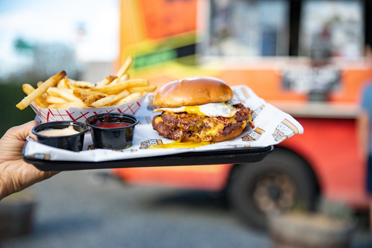 a burger on a tray