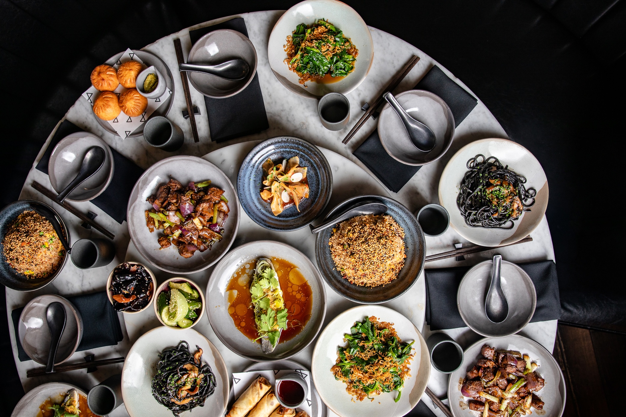 a table with plates of food