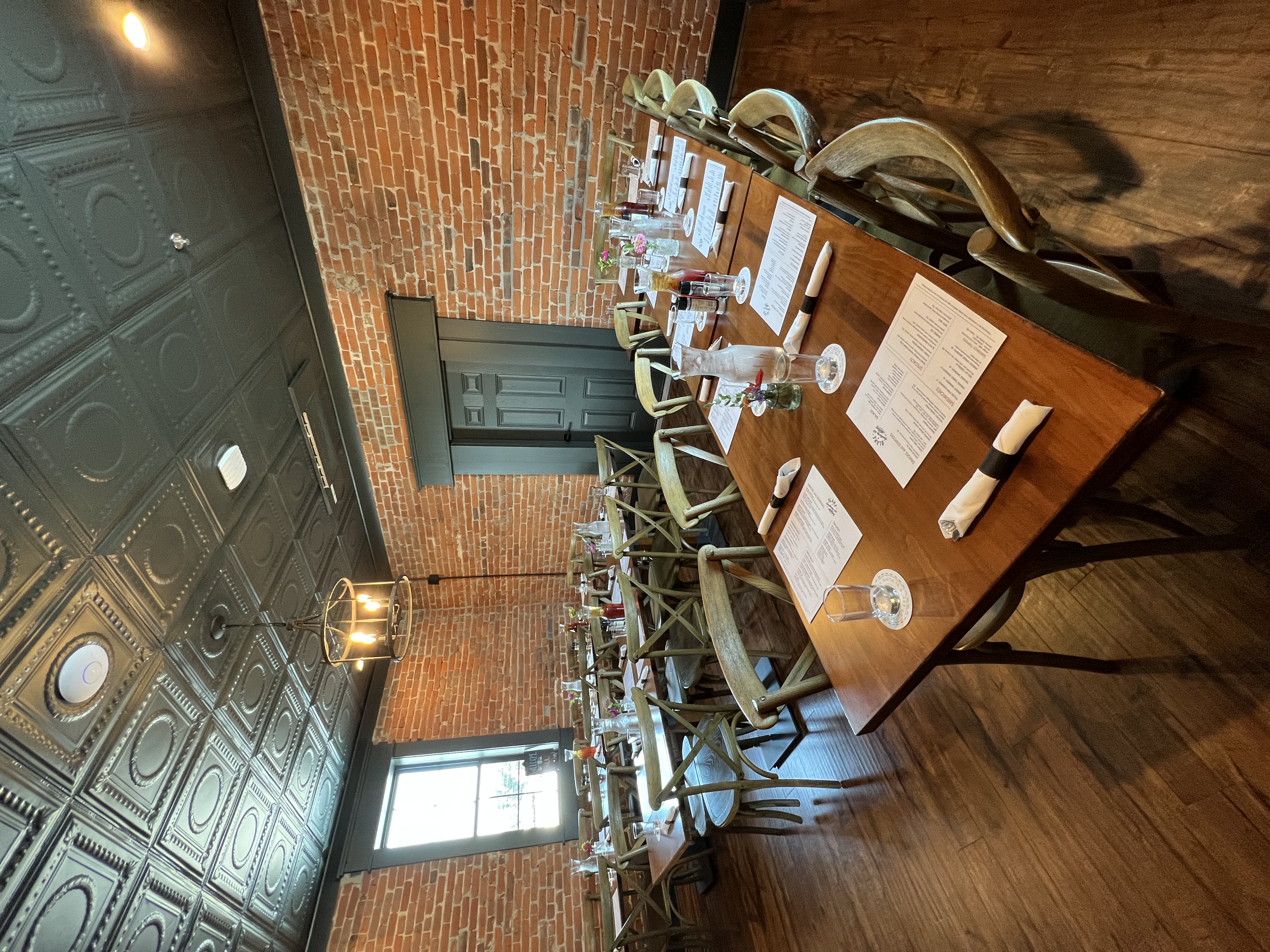 a dining room table in front of a building