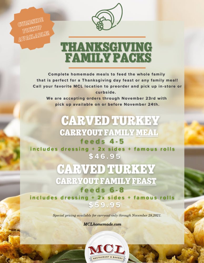 Thanksgiving Carryout Family Meals MCL Restaurant & Bakery