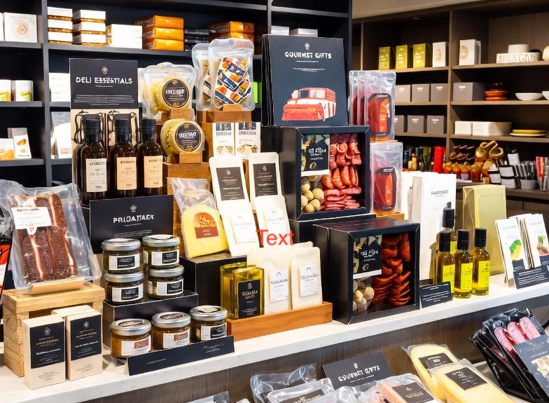 Vibrant gourmet deli counter display featuring packaged artisanal meats, cheeses, olive oils, truffle jars, and gift sets in an upscale setup, highlighting premium ingredients for unique and sendable food gifts.