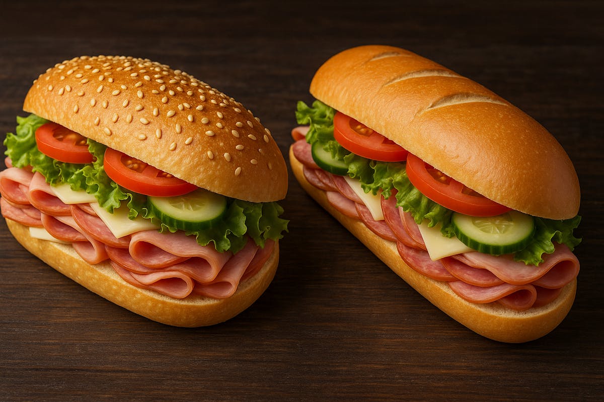Side-by-side comparison of a hoagie and a sub sandwich with fresh deli meats, cheese, lettuce, tomato, and cucumber on different styles of bread