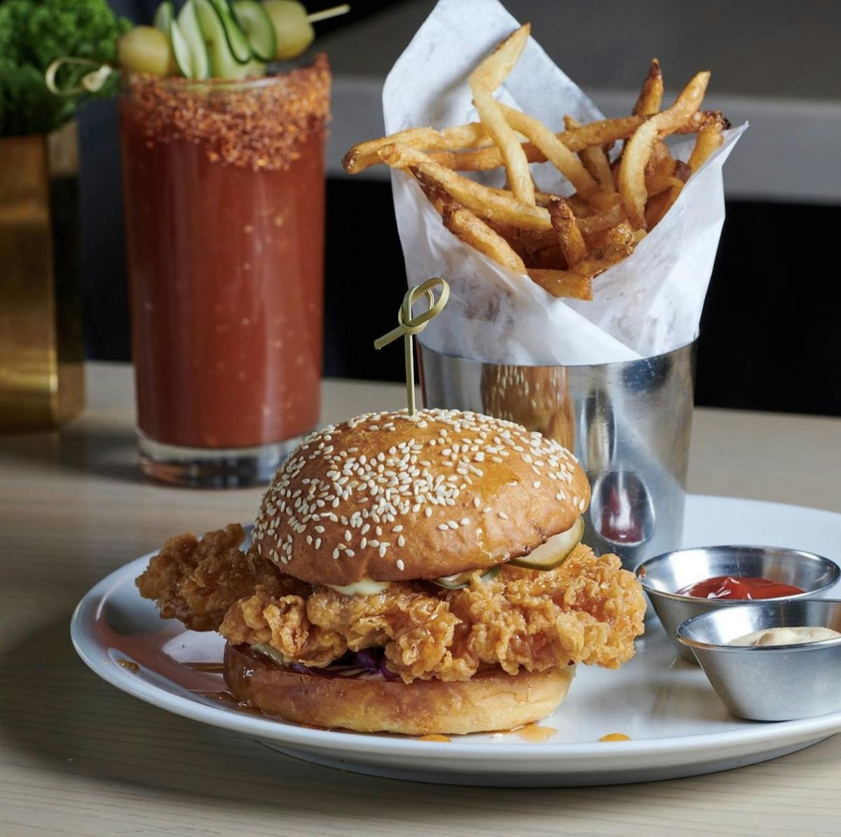 a plate full of food sitting on a table