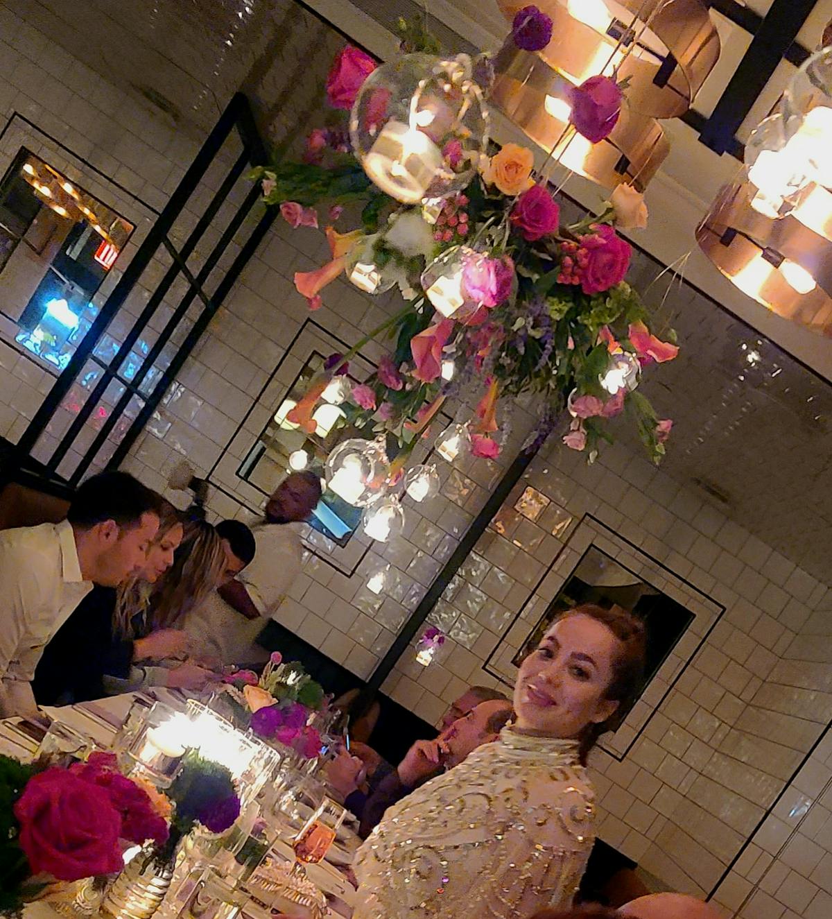 Wedding reception with floral chandelier