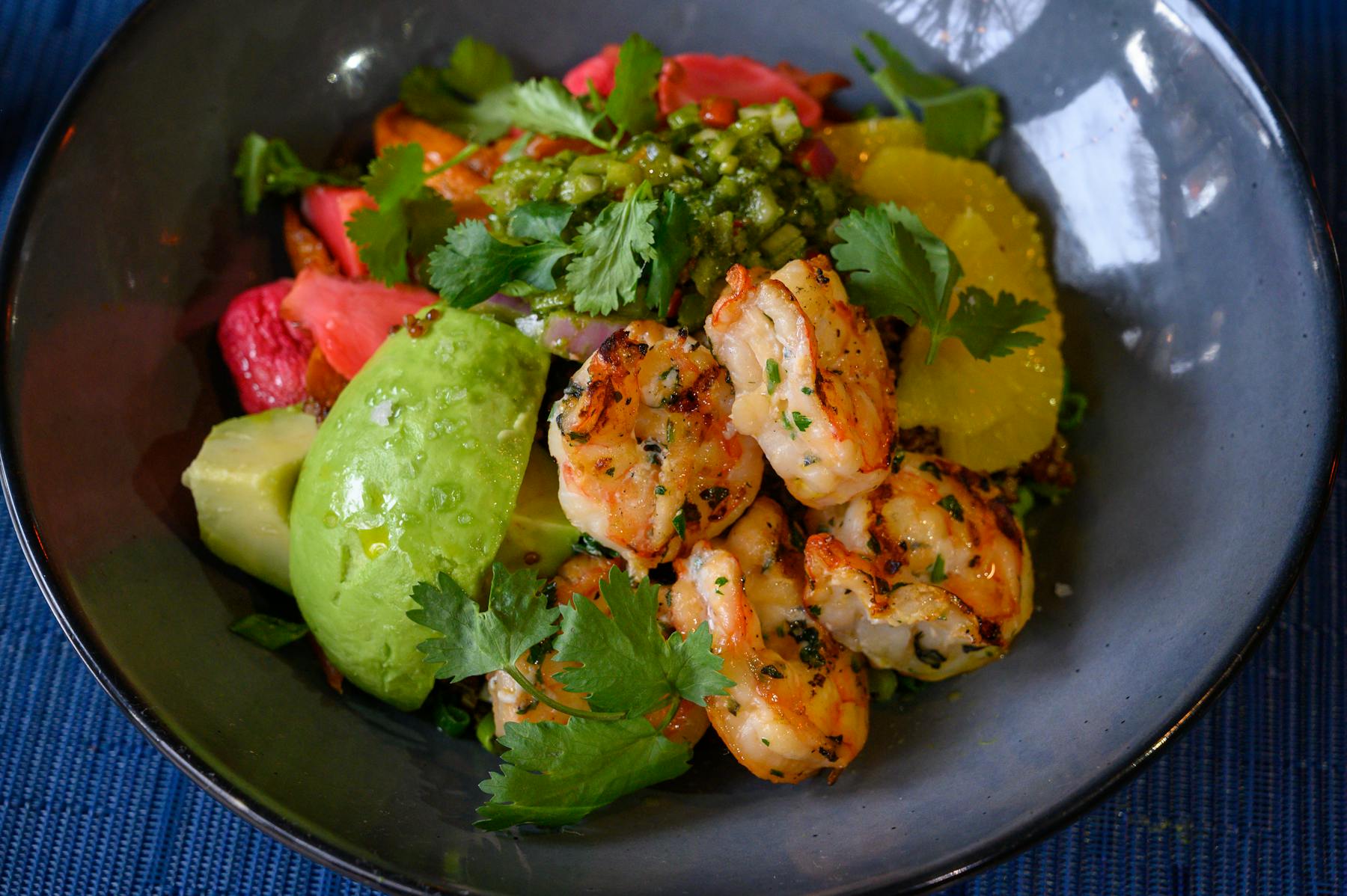 a dish is filled with different types of food on a plate
