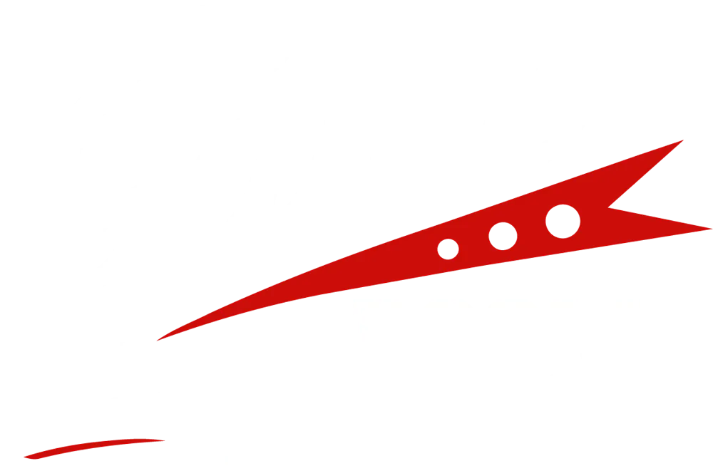 a black sign with white text and red letters