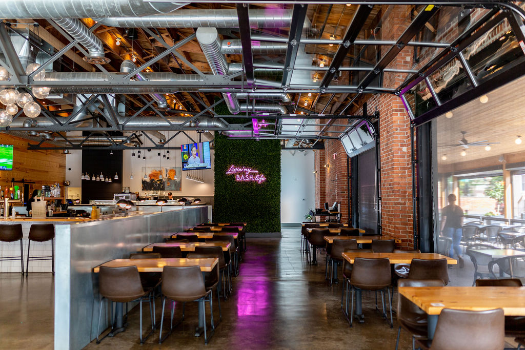 a dining room table in front of a building