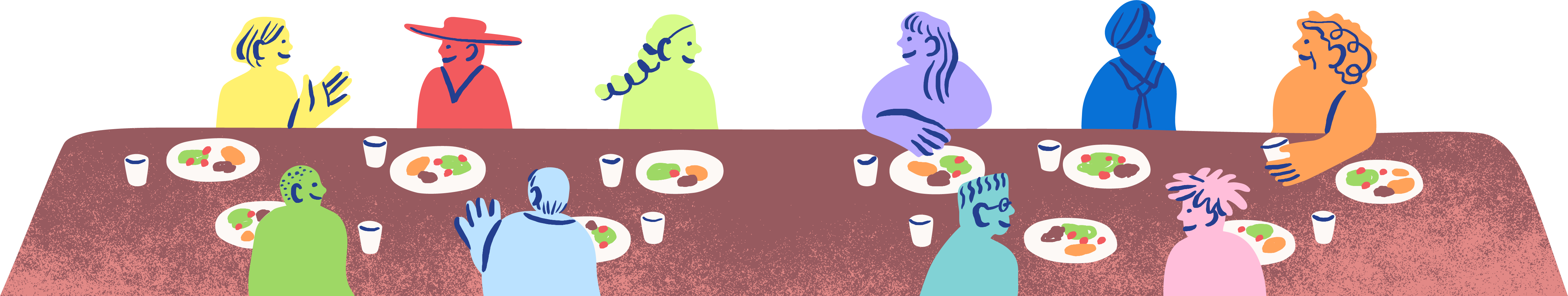 illustration of a long table with people around it
