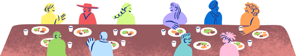 illustration of a long table with people around it