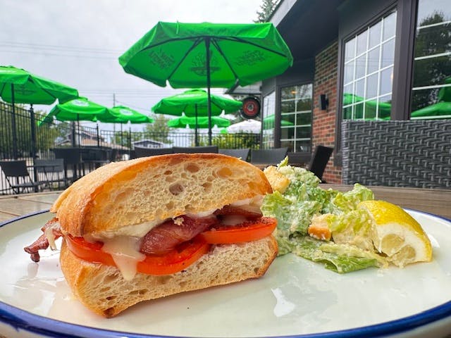 a sandwich sitting on top of a green plate