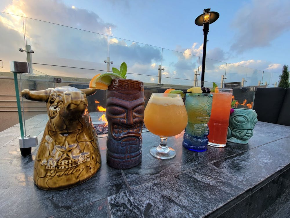 a group of glass bottles on a table
