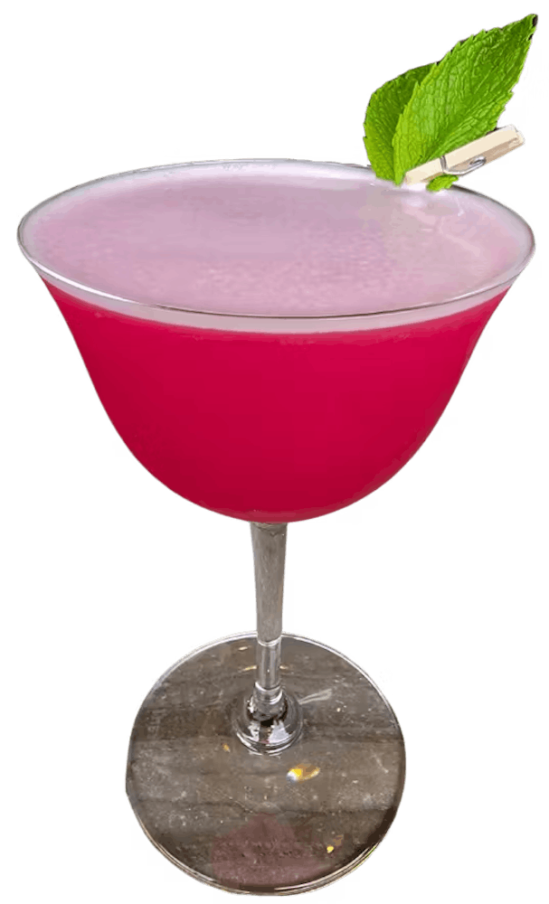 pink cocktail with green leaf pinned to it