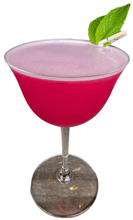 pink cocktail with green leaf pinned to it