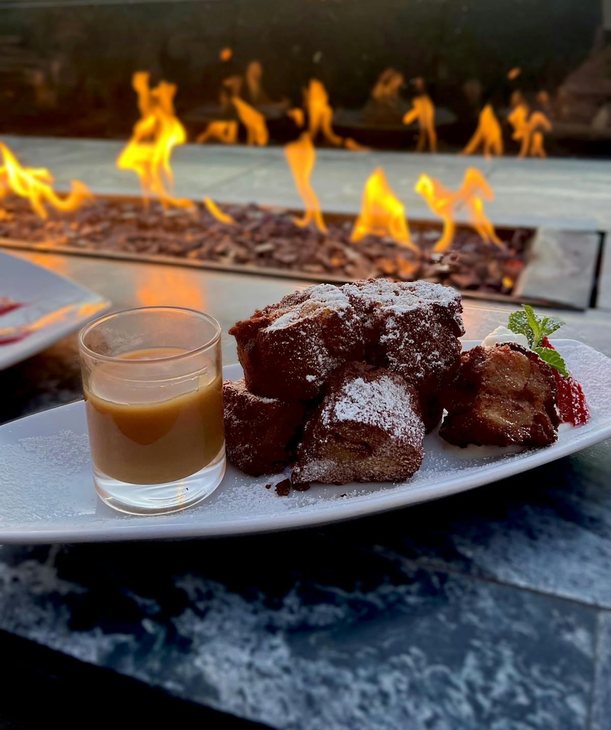 a dessert in front of fire