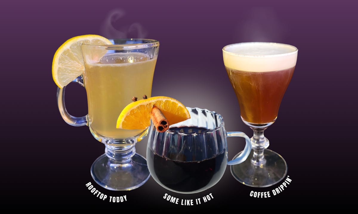 three hot cocktails made into a graphic