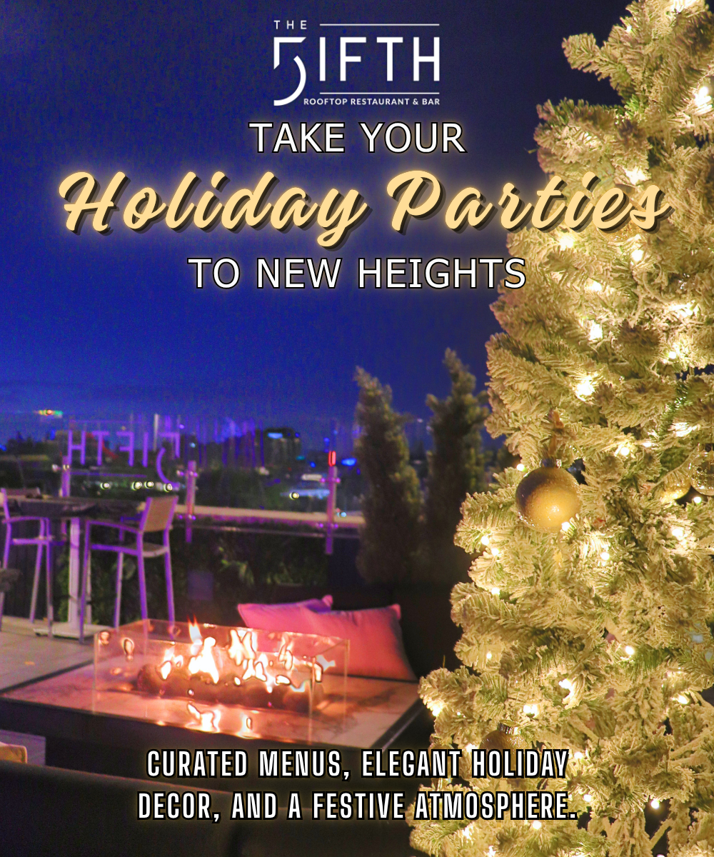 Festive holiday party venue at The FIFTH Rooftop Restaurant & Bar in Anaheim with Christmas décor, rooftop fire pits, and curated menus.
