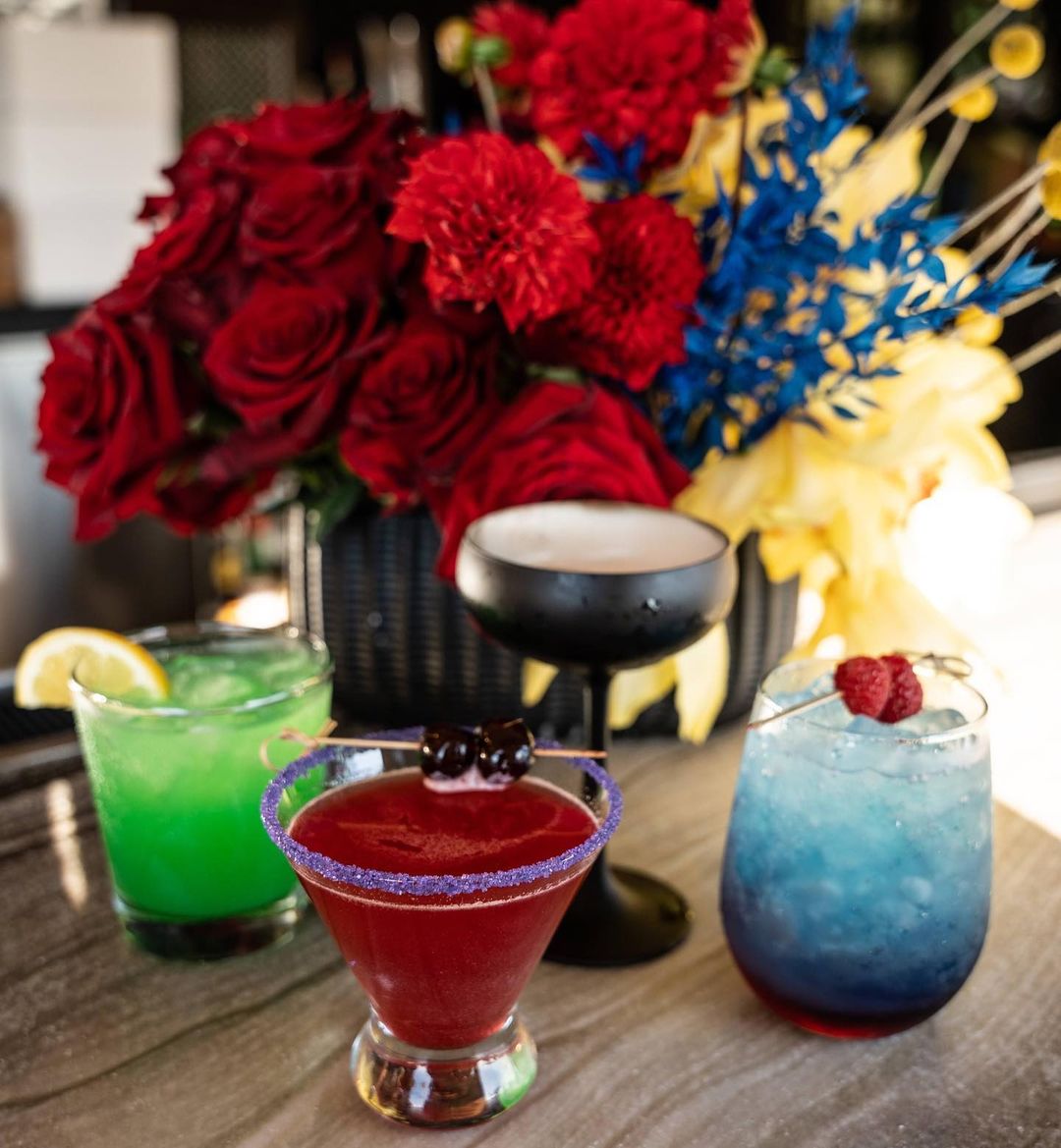 drinks in front of flowers