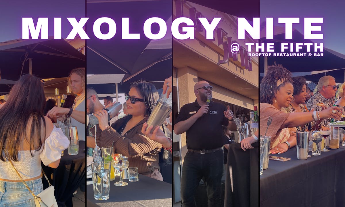 mixology nite at the fifth rooftop restaurant with 4 photos. 1. guest mixologist showing guests how to make cocktail. 2. guest shaking cups 3. Bar Manager, Jason teaching the ways of Mixology 4. Guests grabbing lite bites
