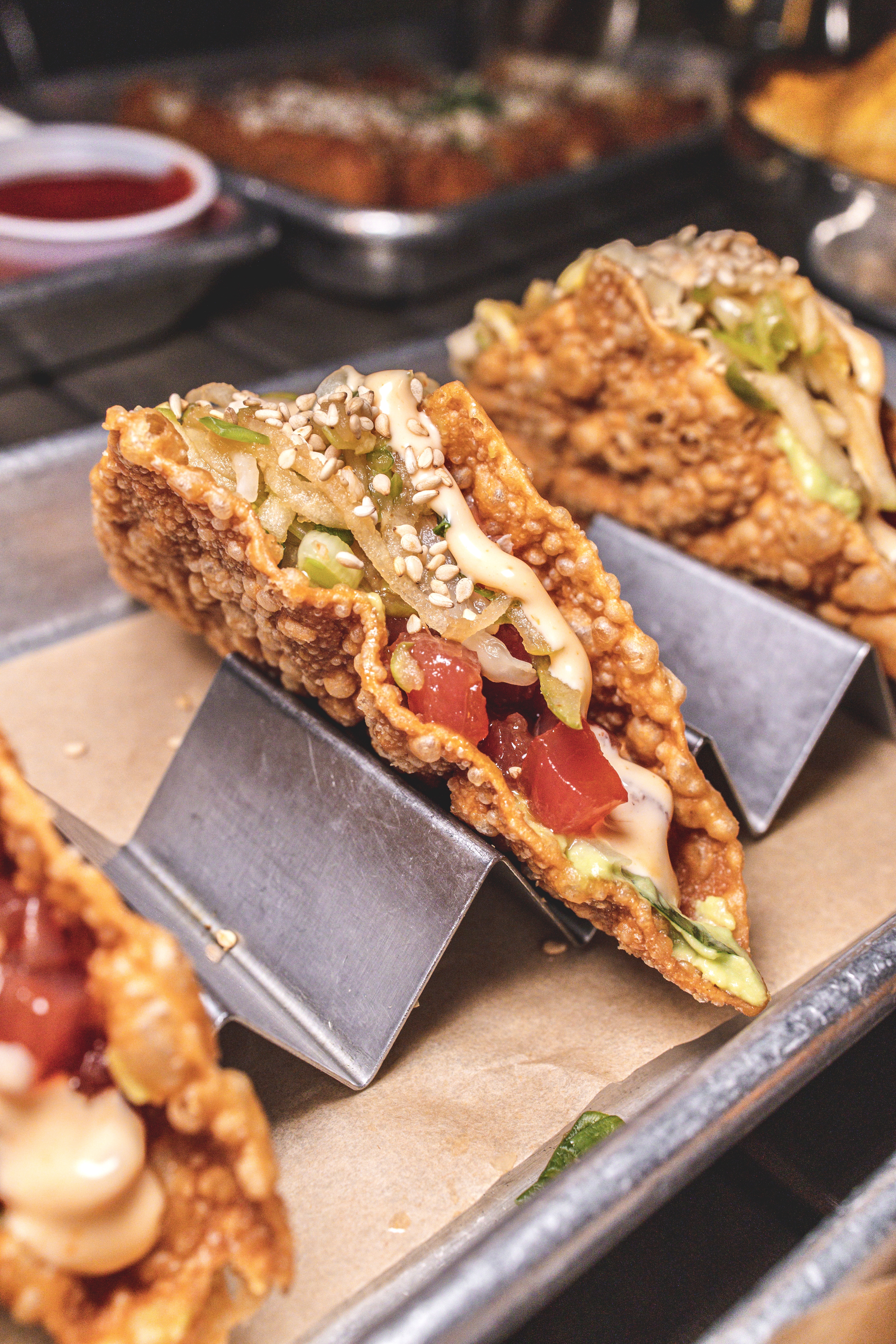 close up of ahi poke tacos