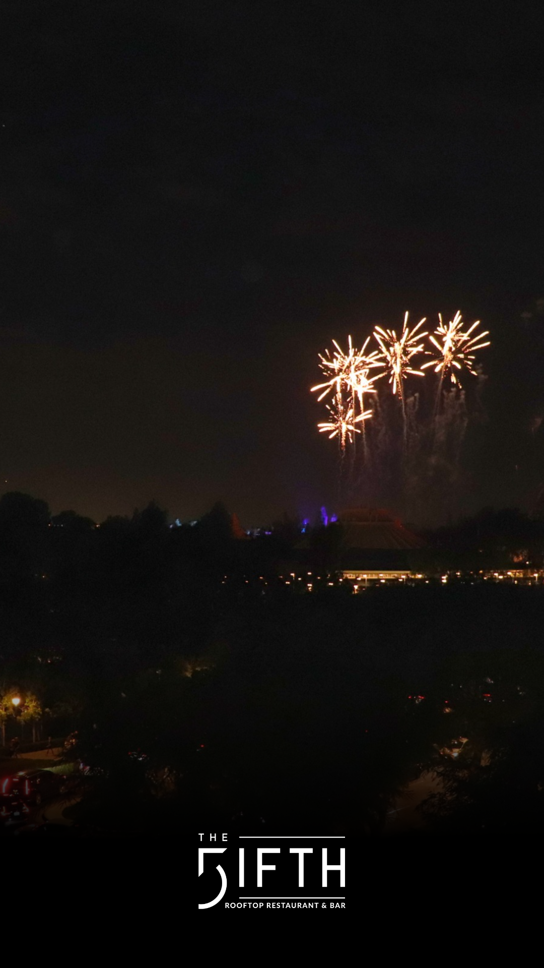Disneyland Resort fireworks viewed from The FIFTH Rooftop Restaurant & Bar in Anaheim, California