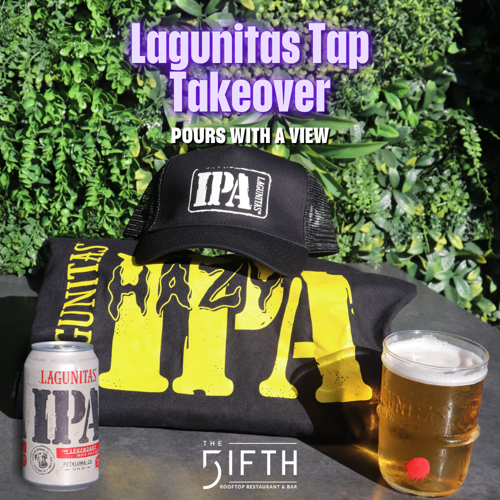 Lagunitas IPA beer can and glass on display for the Lagunitas Tap Takeover at The FIFTH rooftop bar Anaheim
