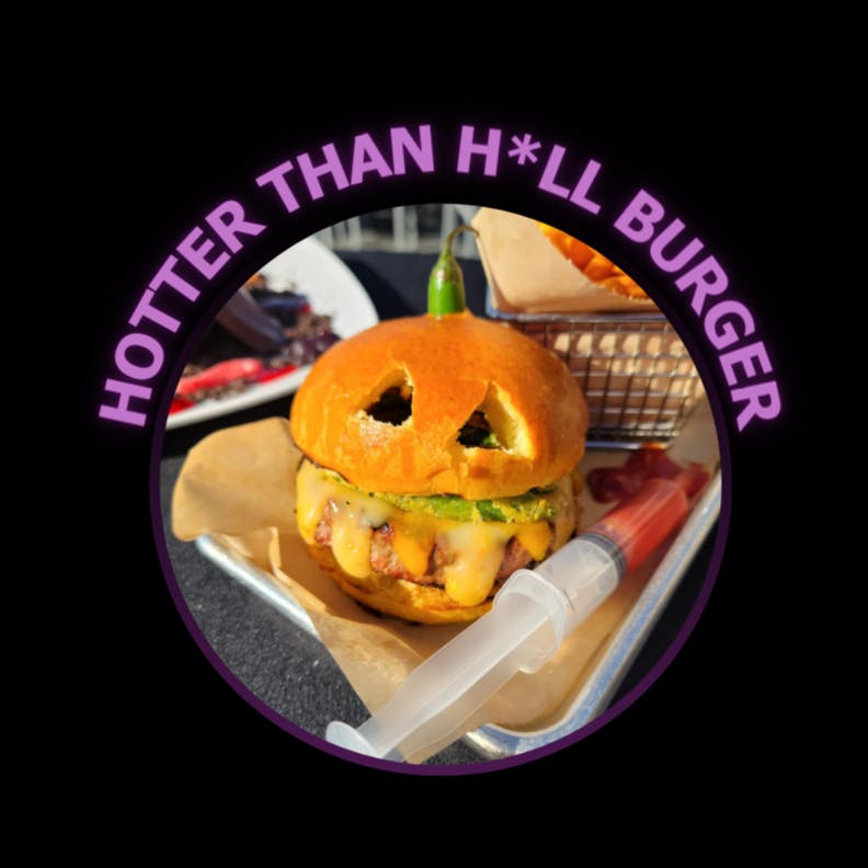 Hotter Than H*LL Burger: Fresh Angus beef pattychipotle aiolighost pepper cheesefried jalapeno crispsfresh brioche bunServed with fries