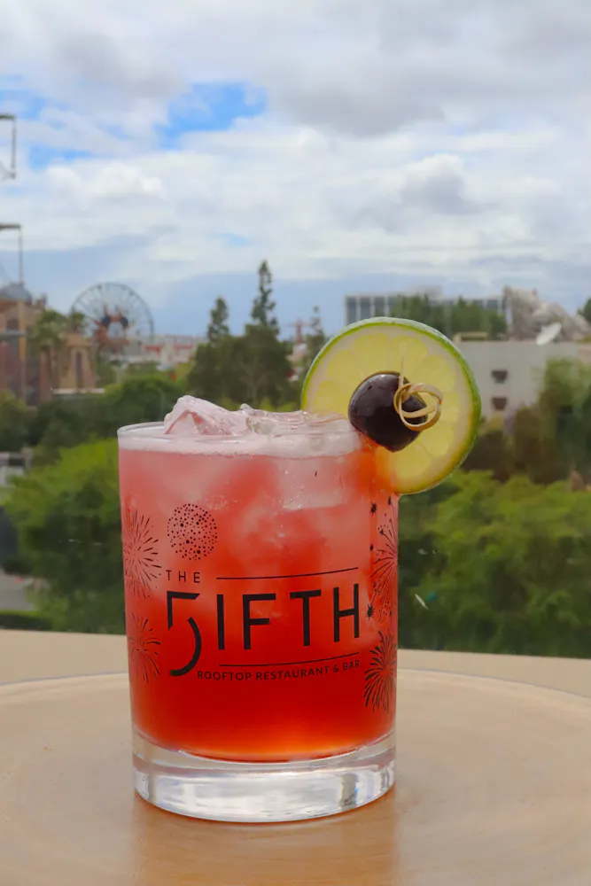 a red, bubbly cocktail with a citrus and leaf garnish