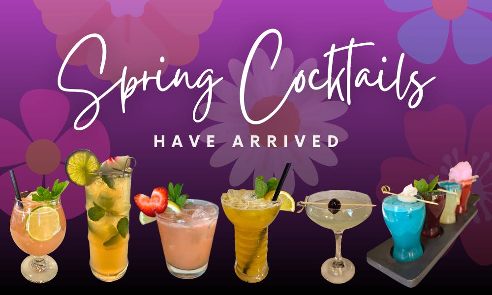 Spring Cocktails have arrived. Image: featuring flowers in the background and 6 cocktails in the foreground from The FIFTH's new Seaonal Cocktail menu.