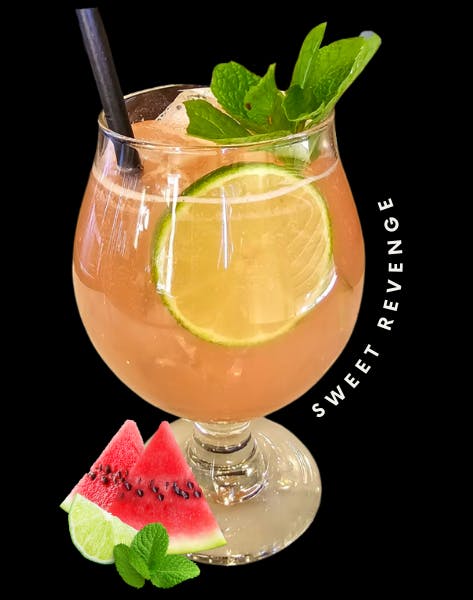 Cocktail image with lime and mint garnish and watermelon graphic. Text: Sweet Revenge