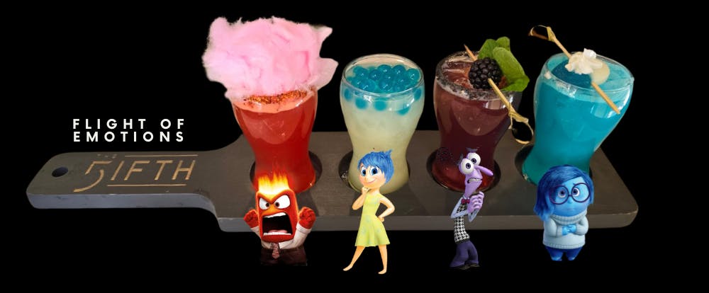 Flight of Emotions. Image: flight board featuring four cocktails. Red cocktail with cotton candy and graphic of angry character, yellow cocktail with blue bobba garnish and joy character graphic, purple cocktail with blackberry garnish and fear character graphic, blue cocktail with whipped cream and saddness character graphic.