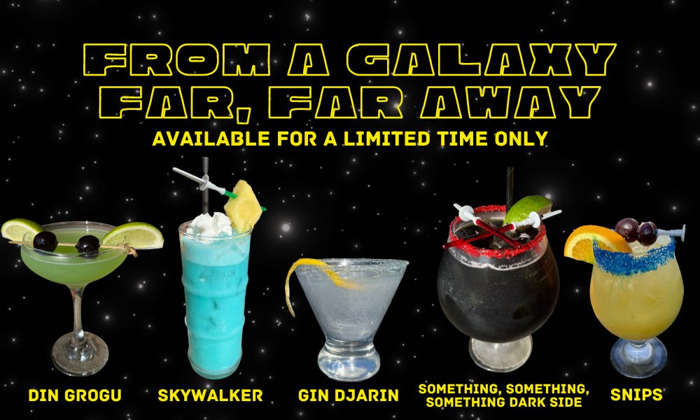 From a Galaxy Far, Far Away featuring five images of galactic cocktails including Din Grogu, Somthing, Something, Something Darkside, Skywalker, Gin Djarin, Snips