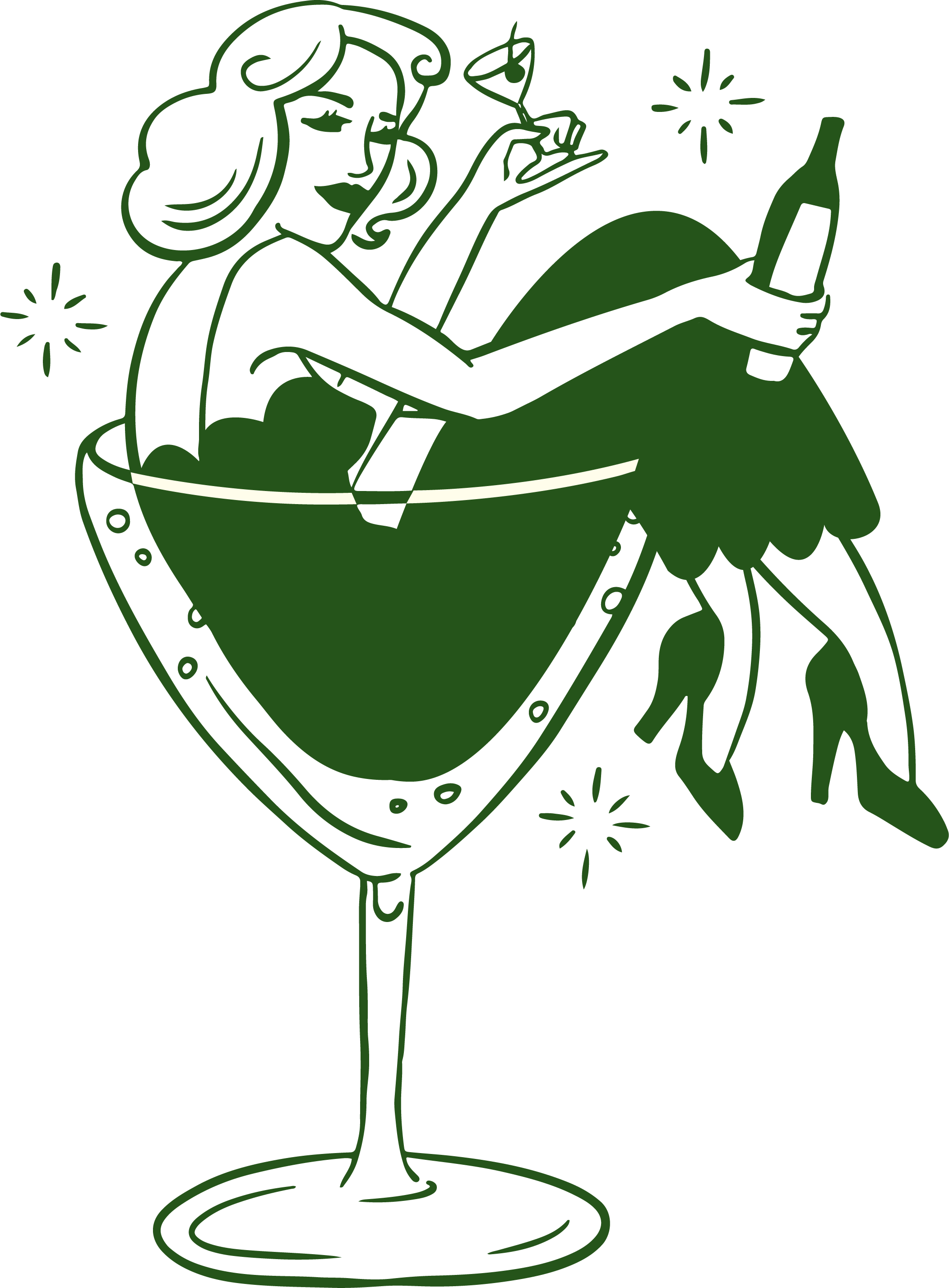 a green outline of a woman holding a bottle of wine