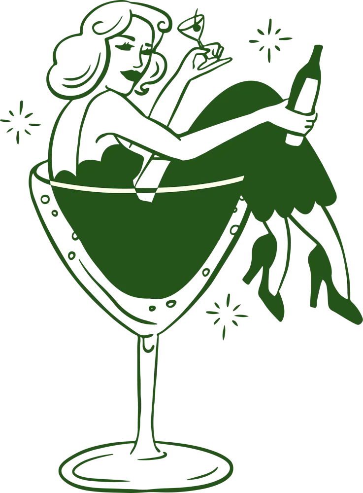 a green outline of a woman holding a bottle of wine