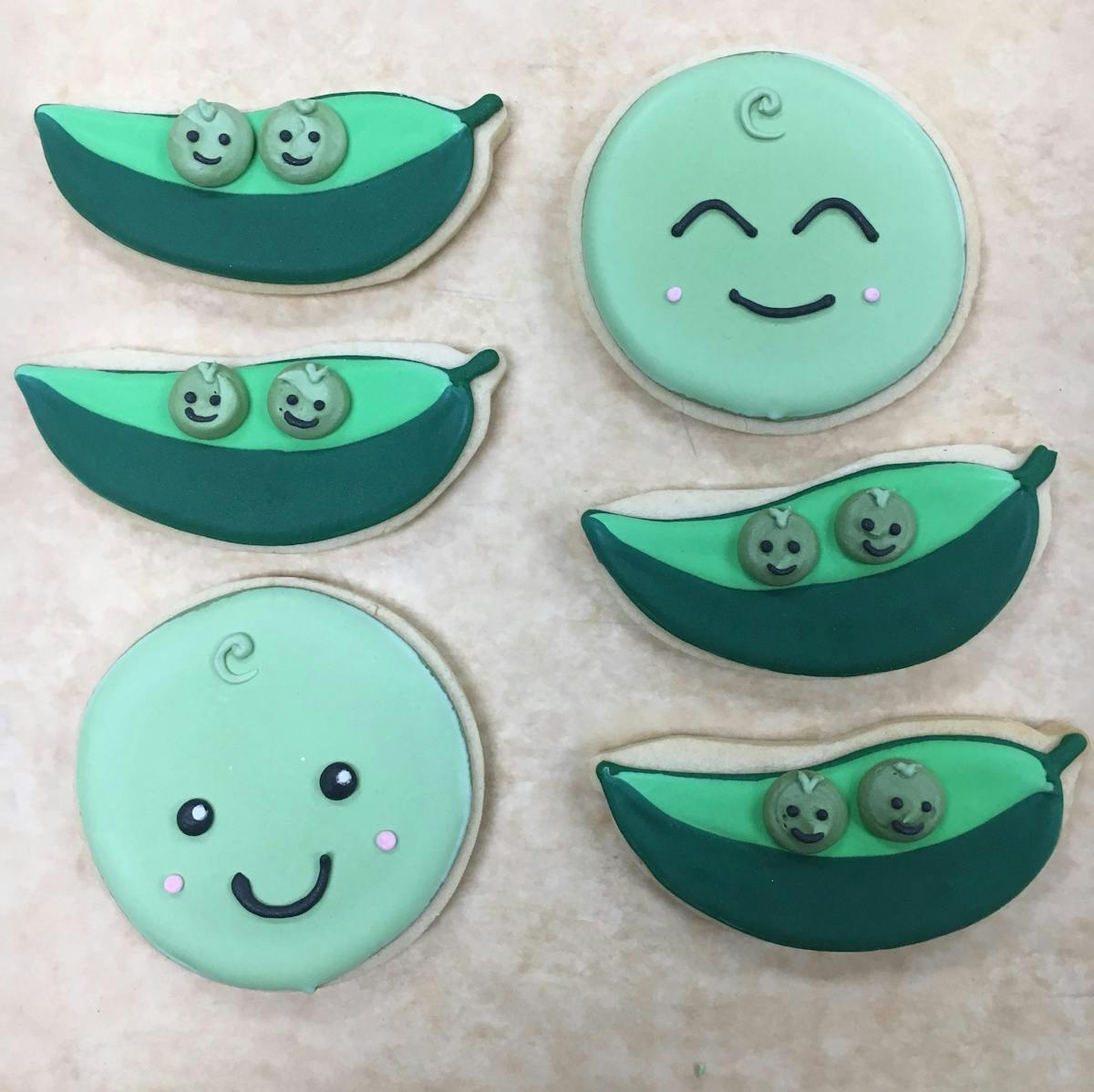 2 peas in a pod themed decorated cookies
