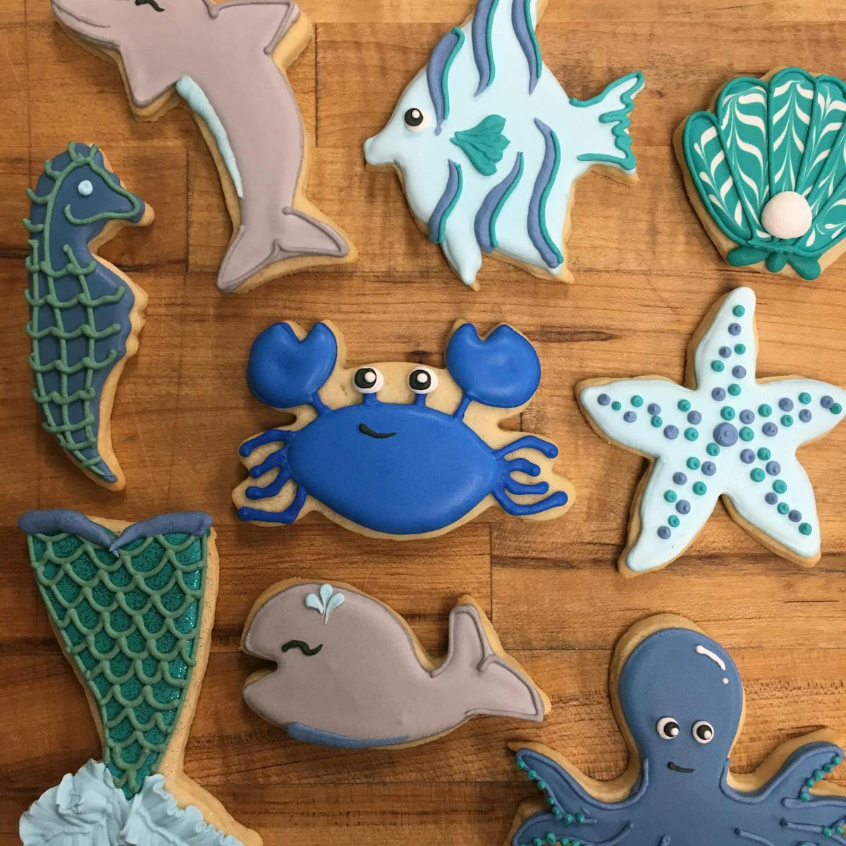 a group of sea themed cookies