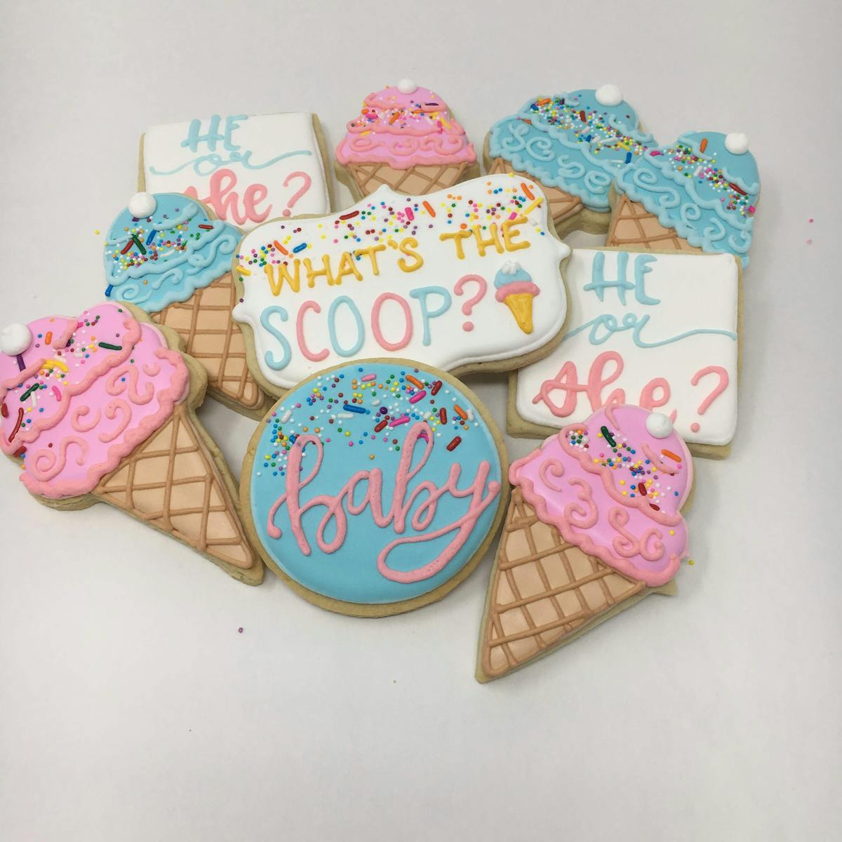 ice cream themed what's the scoop baby shower cookies