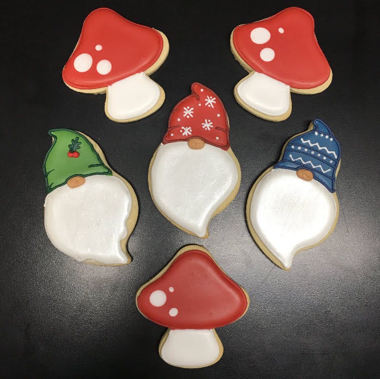 gnome and mushroom decorated cookies