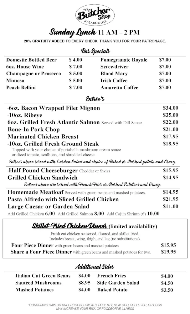 Menus | The Butcher Shop
