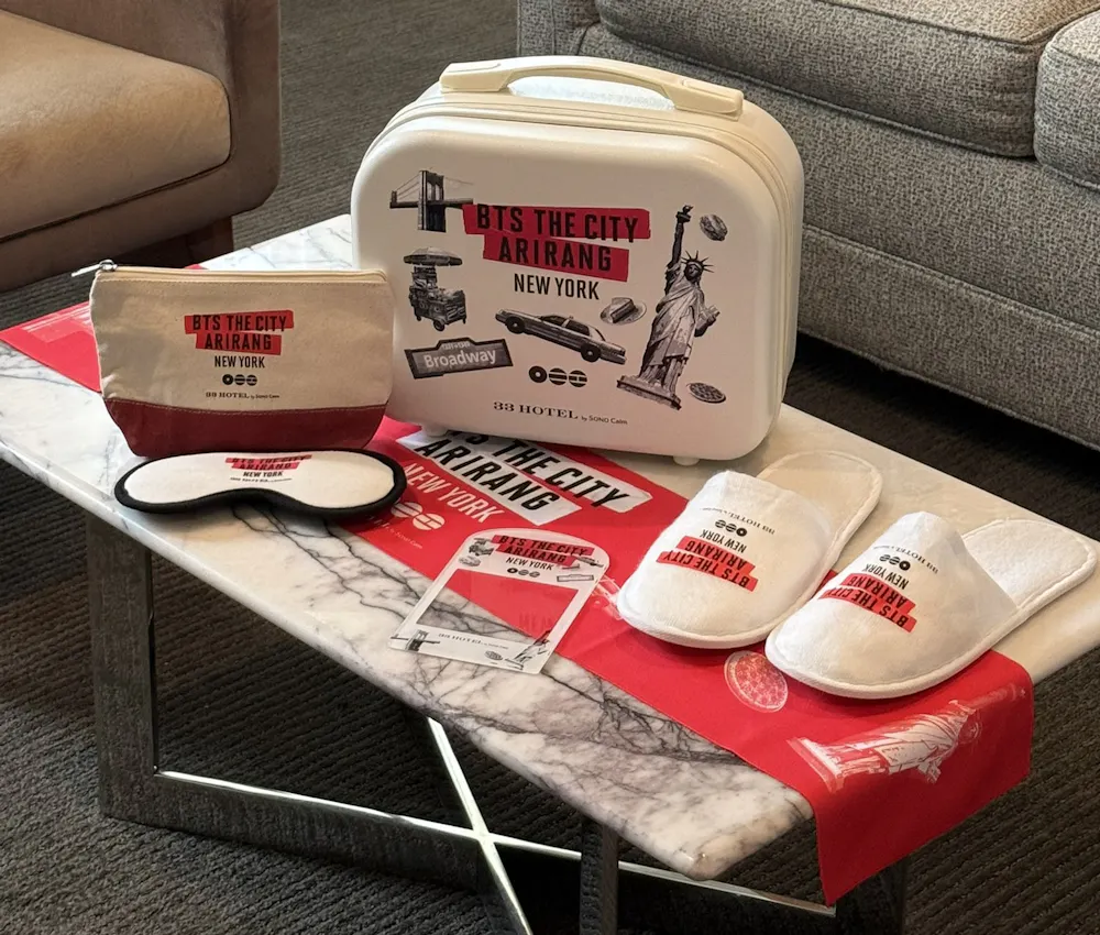a table with a bag and slippers
