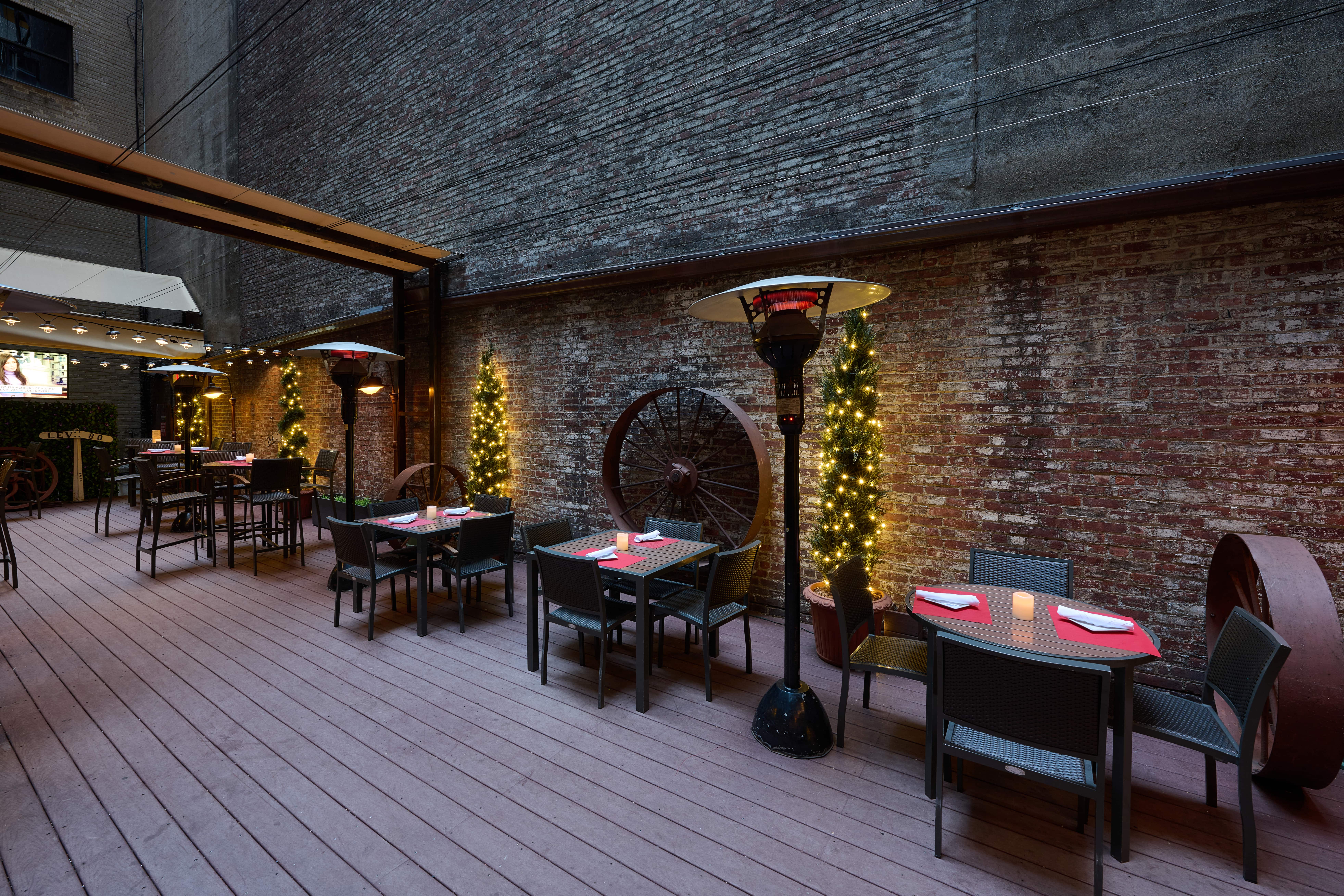a dining room table in front of a building
