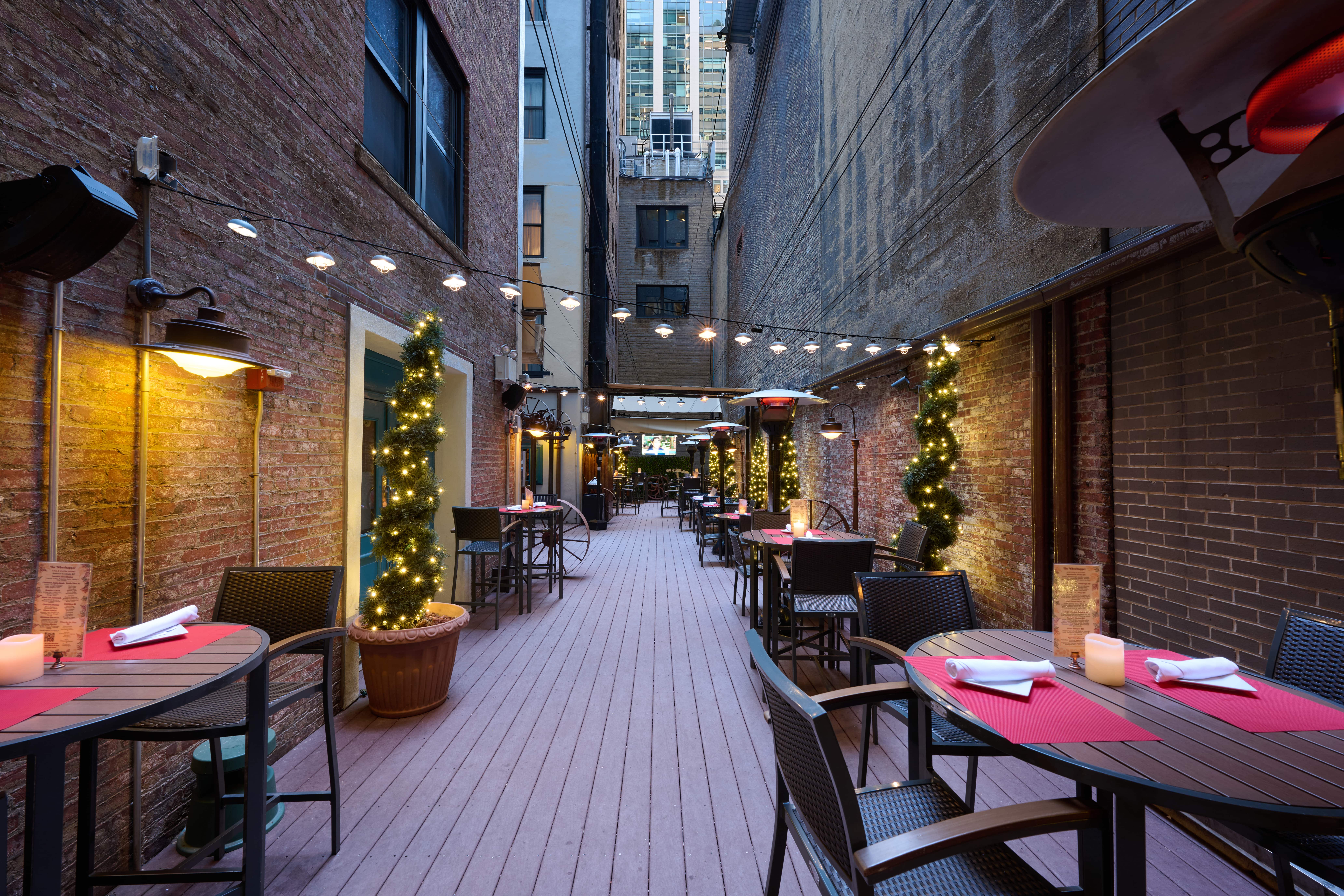 a dining room table in front of a building