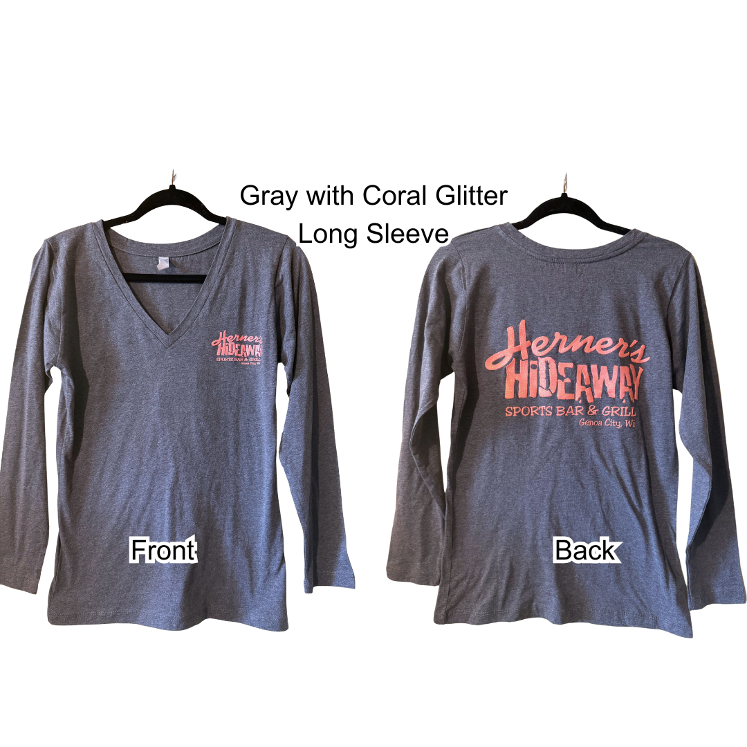 Gray V Neck Long Sleeve with Coral Glitter