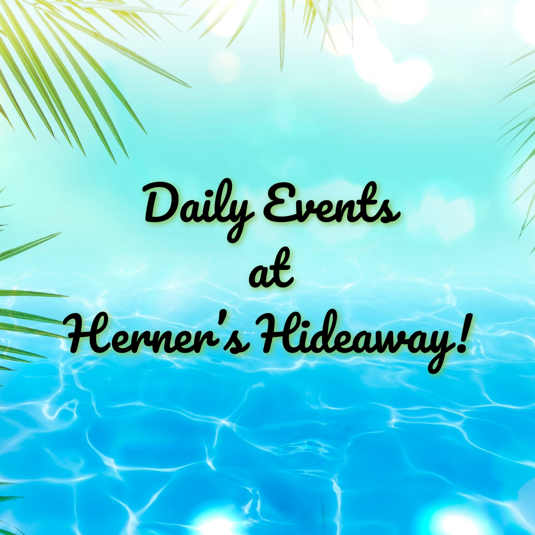 a blue water with palm leaves and text