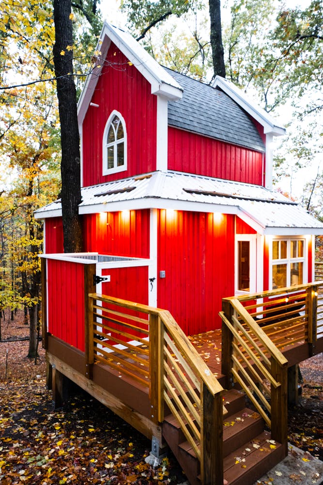 a building with a wooden fence
