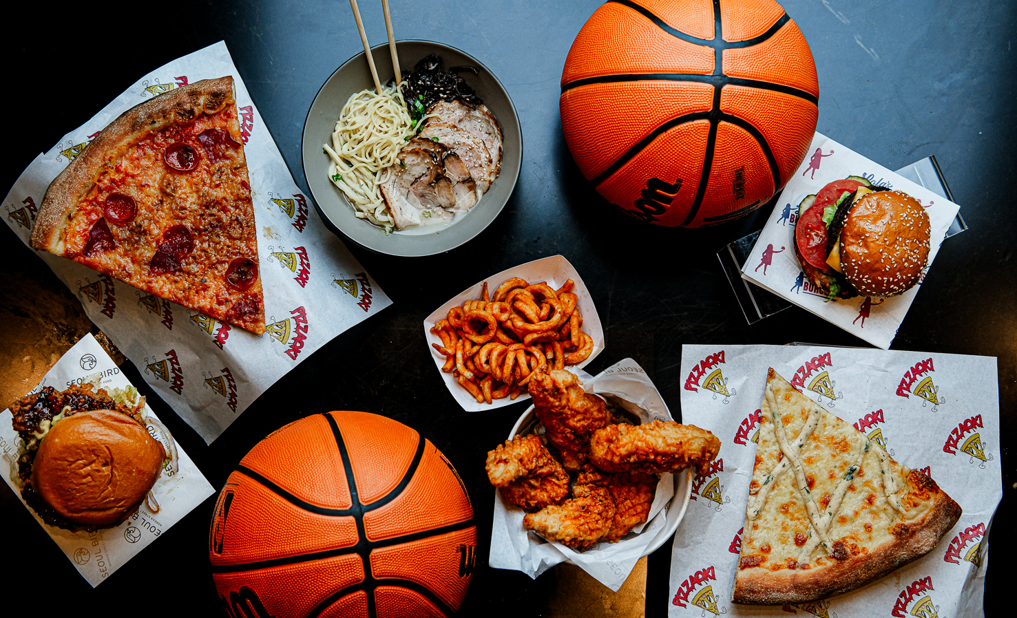 a plate of food with a slice of pizza