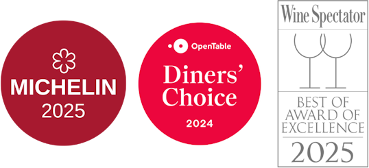 Award badges: Michelin Guide 2025, OpenTable Diners' Choice 2024, and Wine Spectator Best of Award of Excellence 2025.