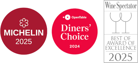 Award badges: Michelin Guide 2025, OpenTable Diners' Choice 2024, and Wine Spectator Best of Award of Excellence 2025.