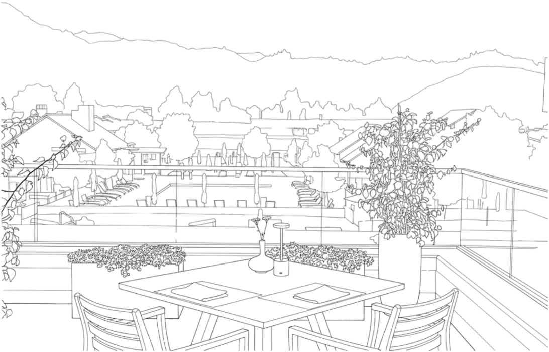 outlined illustration of restaurant's terrace view