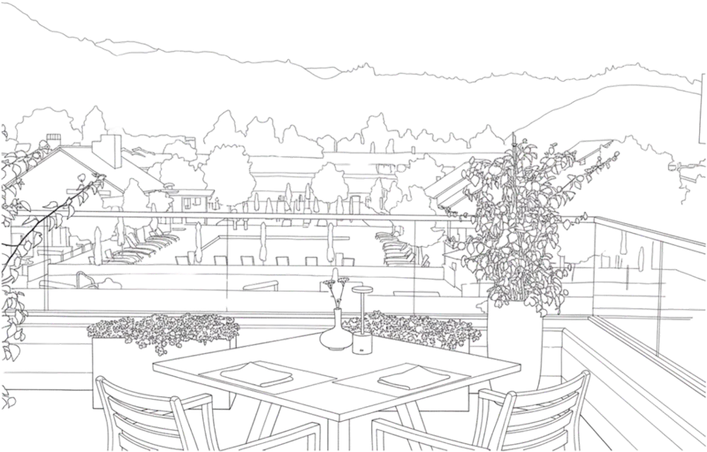 outlined illustration of restaurant's terrace view
