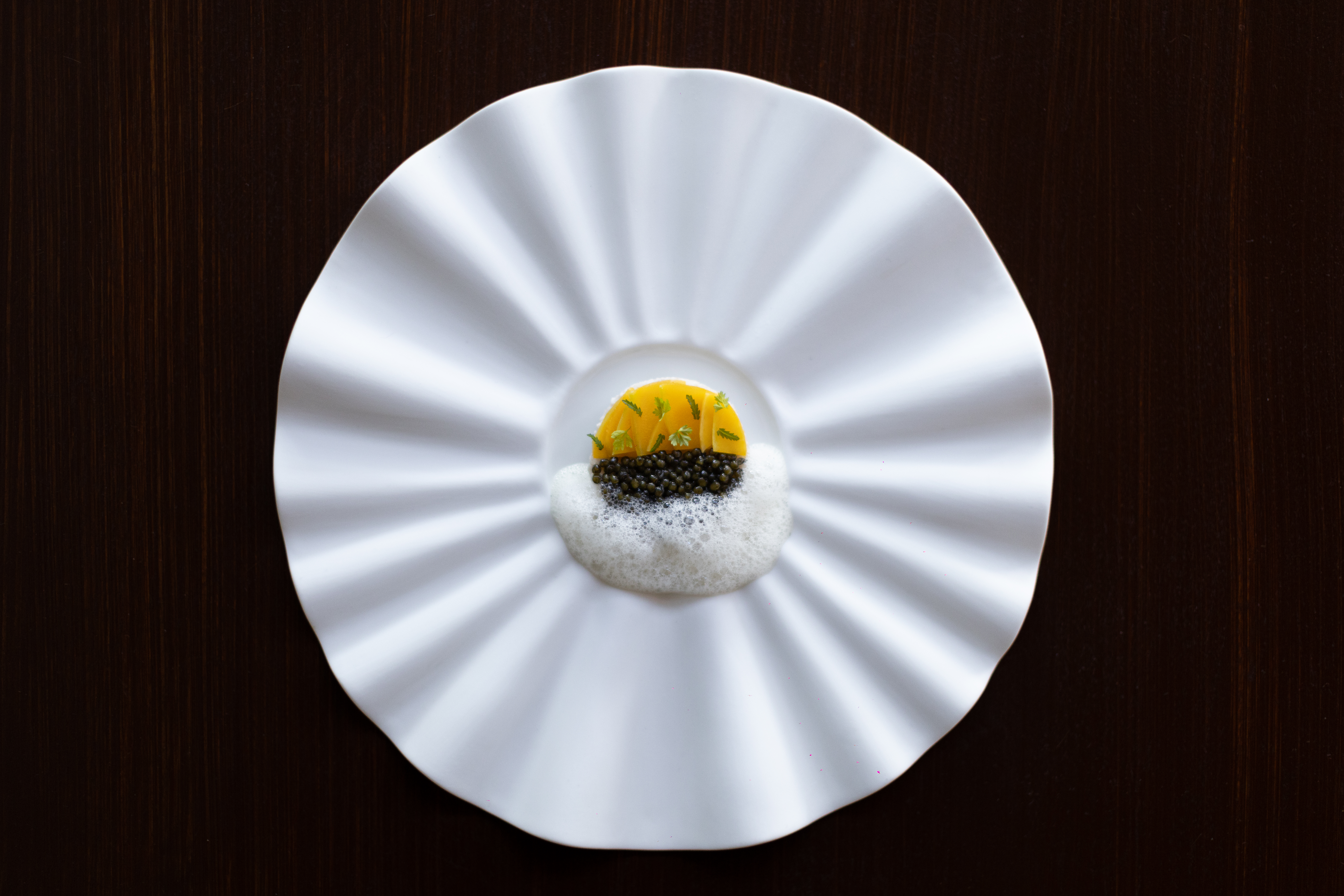 a plate with a fruit and foam on it